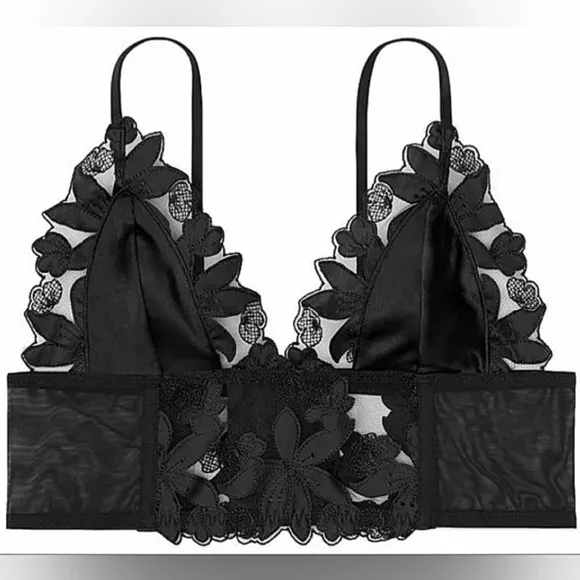 Victoria's Secret VS Unlined Floral Embroidered Long Line Bralette XL Black Bra