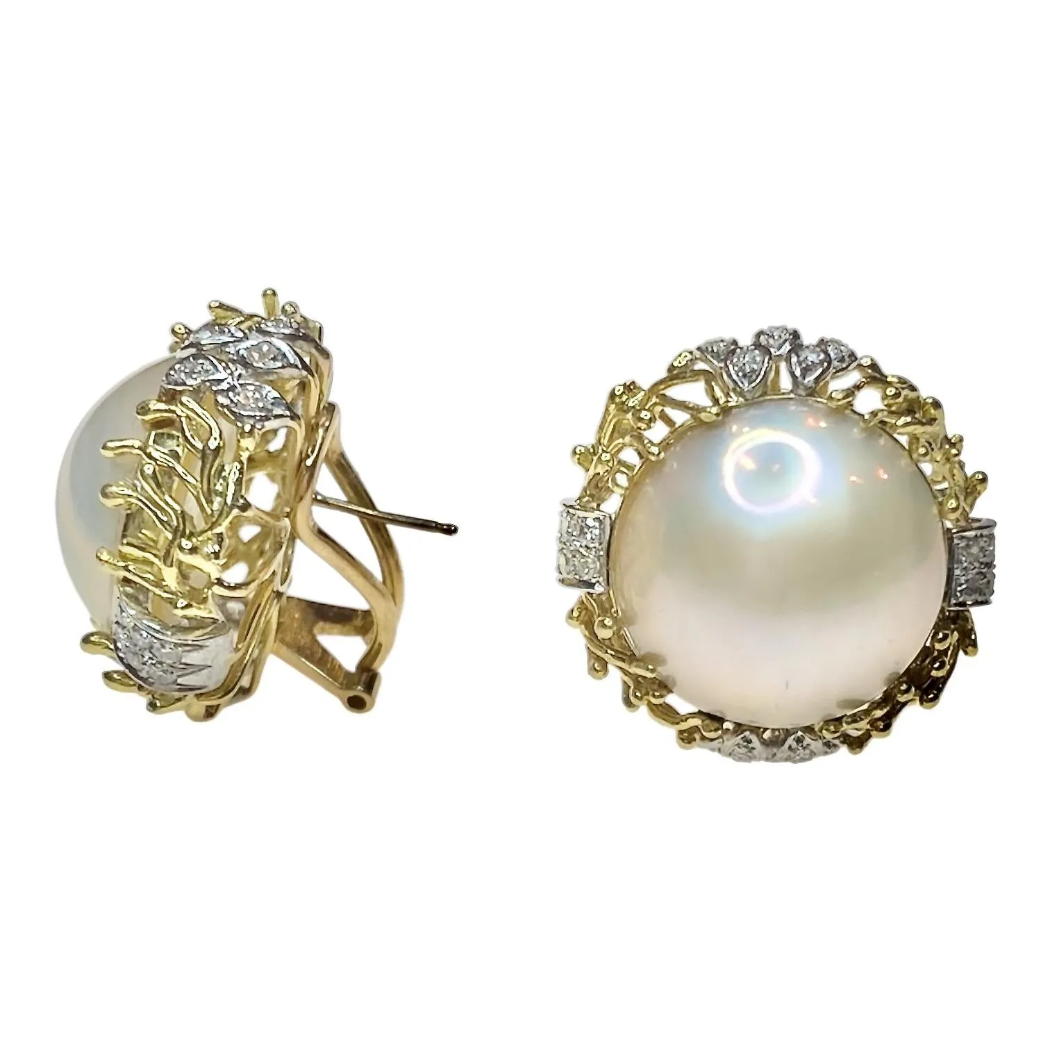 Vintage 18K Cultured Mabe Pearl & Diamond Earrings