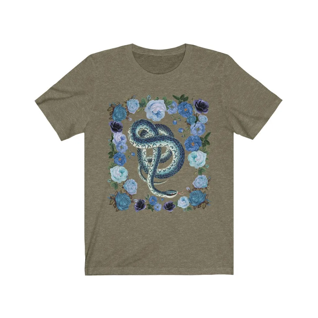 Vintage Illustration Blue Snake Floral Black Tee, Womens Bella Canvas T-Shirt, Unisex Jersey Short Sleeve Tee Witch Shirt