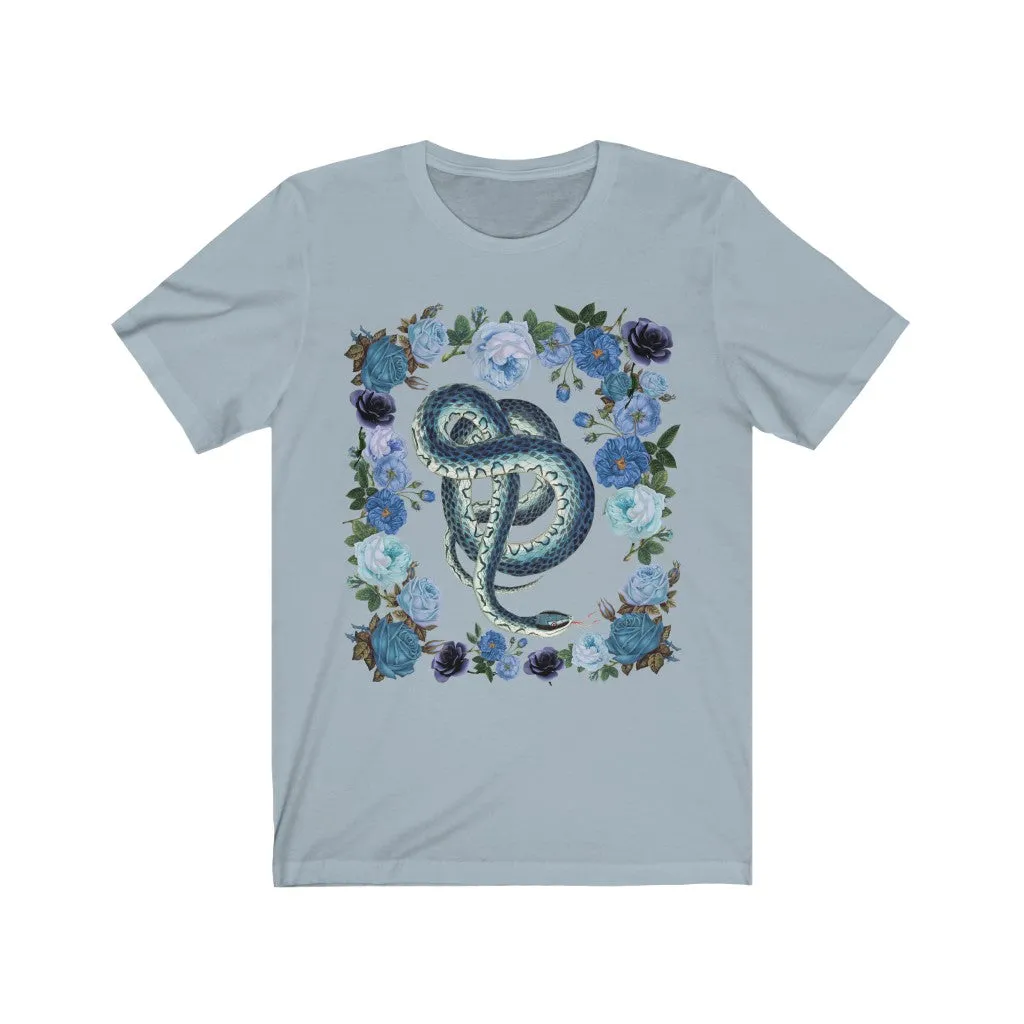Vintage Illustration Blue Snake Floral Black Tee, Womens Bella Canvas T-Shirt, Unisex Jersey Short Sleeve Tee Witch Shirt