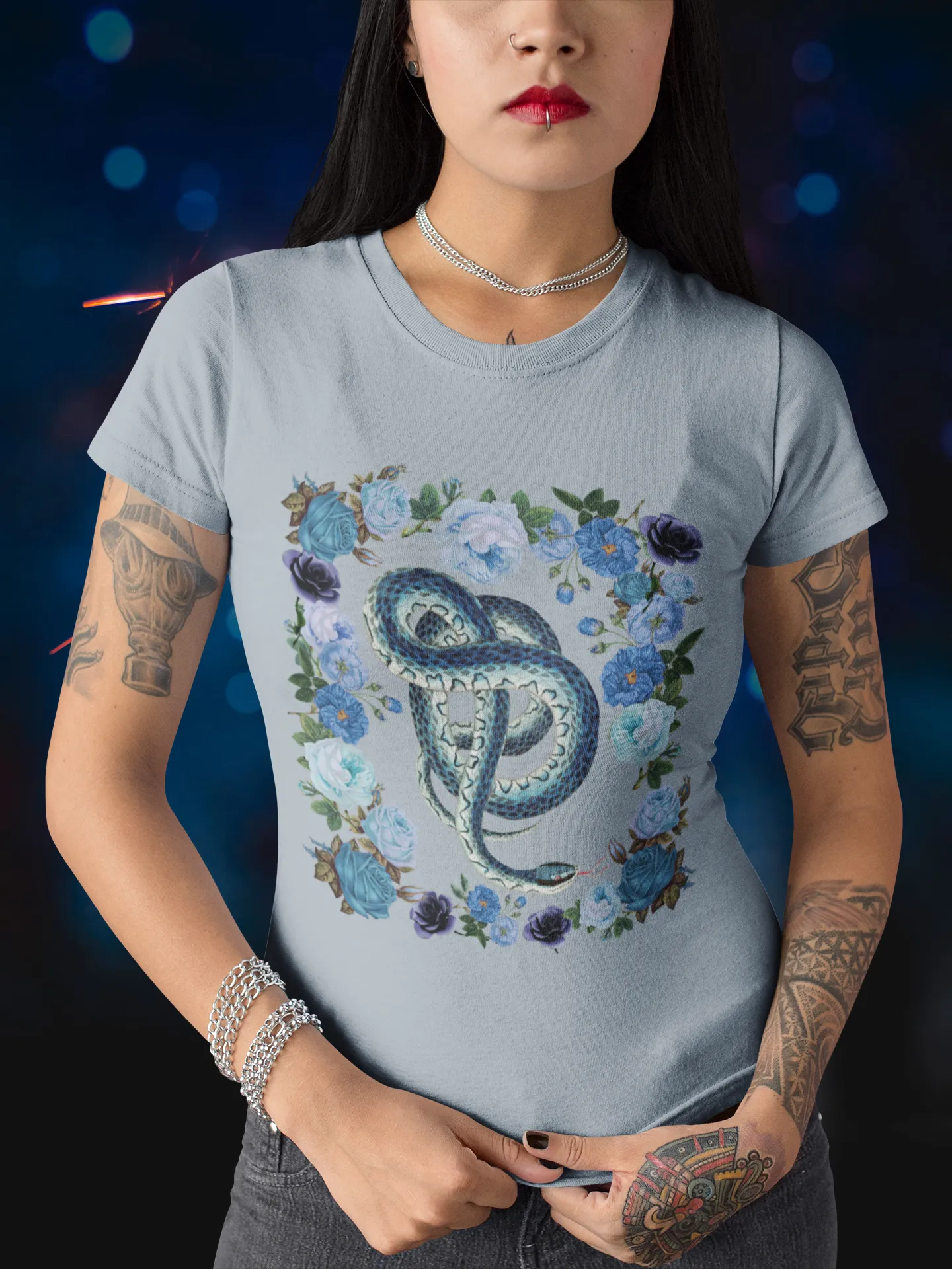 Vintage Illustration Blue Snake Floral Black Tee, Womens Bella Canvas T-Shirt, Unisex Jersey Short Sleeve Tee Witch Shirt