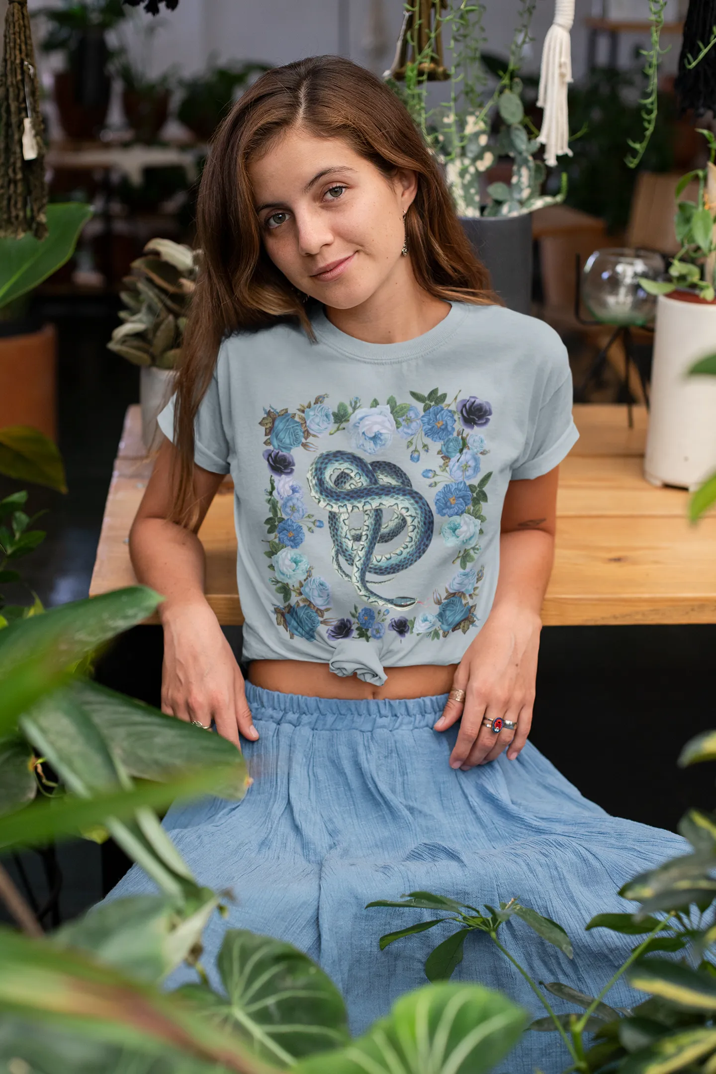 Vintage Illustration Blue Snake Floral Black Tee, Womens Bella Canvas T-Shirt, Unisex Jersey Short Sleeve Tee Witch Shirt