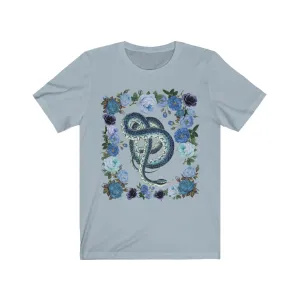Vintage Illustration Blue Snake Floral Black Tee, Womens Bella Canvas T-Shirt, Unisex Jersey Short Sleeve Tee Witch Shirt