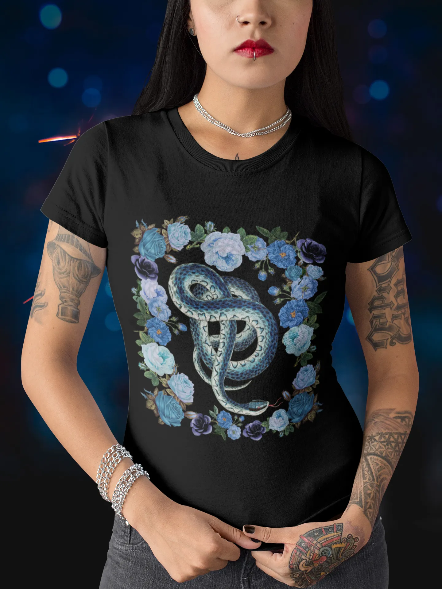 Vintage Illustration Blue Snake Floral Black Tee, Womens Bella Canvas T-Shirt, Unisex Jersey Short Sleeve Tee Witch Shirt