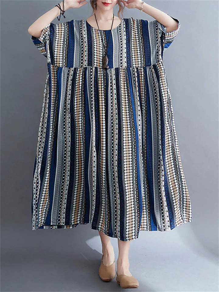 Vintage Stripe Crew Neck Beach Maxi Dresses for Women