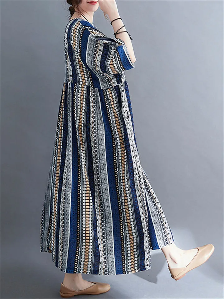 Vintage Stripe Crew Neck Beach Maxi Dresses for Women