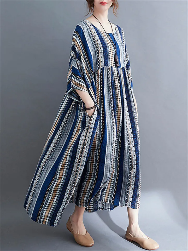 Vintage Stripe Crew Neck Beach Maxi Dresses for Women