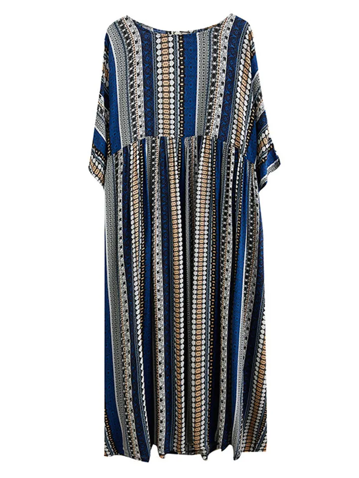 Vintage Stripe Crew Neck Beach Maxi Dresses for Women