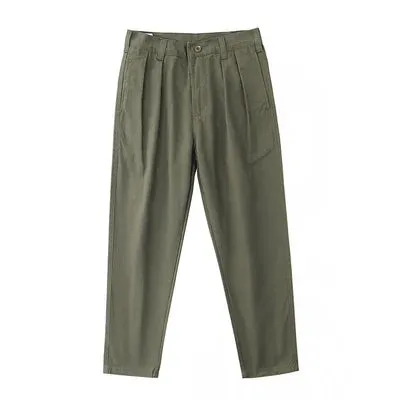 Washed Old Twill Pleat Chino Cargo Pants - Men's Fashion 100% Cotton Casual Straight Trousers