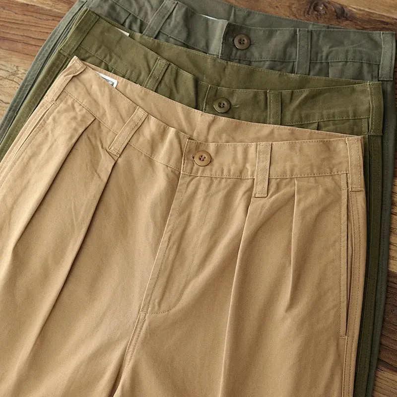 Washed Old Twill Pleat Chino Cargo Pants - Men's Fashion 100% Cotton Casual Straight Trousers