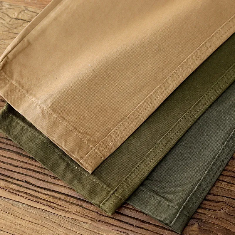 Washed Old Twill Pleat Chino Cargo Pants - Men's Fashion 100% Cotton Casual Straight Trousers