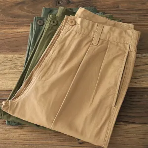 Washed Old Twill Pleat Chino Cargo Pants - Men's Fashion 100% Cotton Casual Straight Trousers