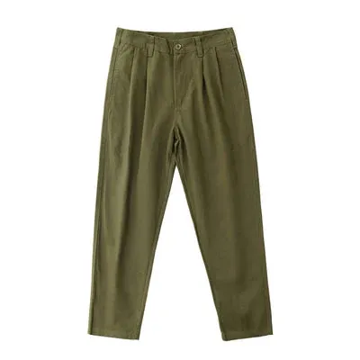 Washed Old Twill Pleat Chino Cargo Pants - Men's Fashion 100% Cotton Casual Straight Trousers