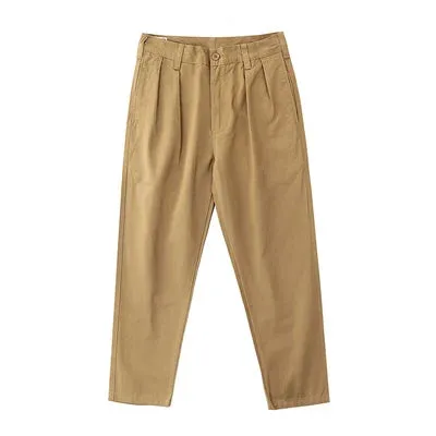 Washed Old Twill Pleat Chino Cargo Pants - Men's Fashion 100% Cotton Casual Straight Trousers