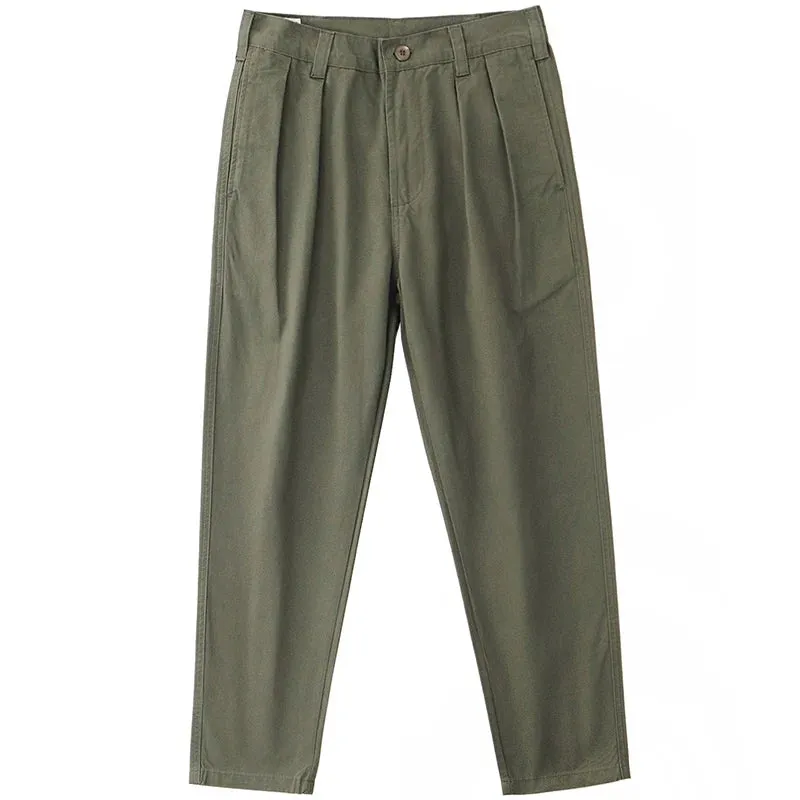 Washed Old Twill Pleat Chino Cargo Pants - Men's Fashion 100% Cotton Casual Straight Trousers