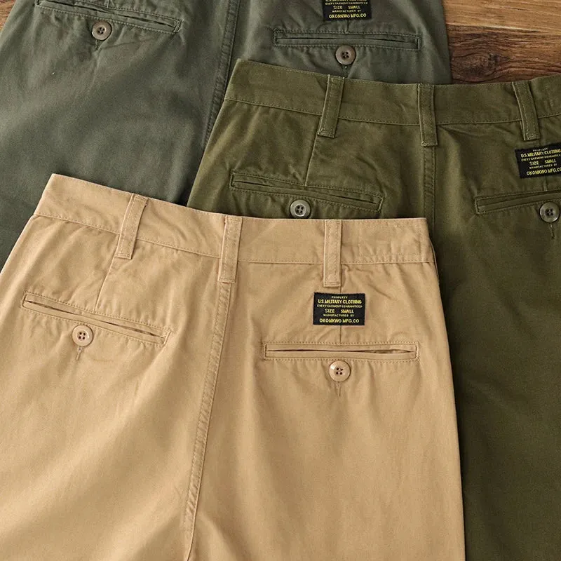 Washed Old Twill Pleat Chino Cargo Pants - Men's Fashion 100% Cotton Casual Straight Trousers