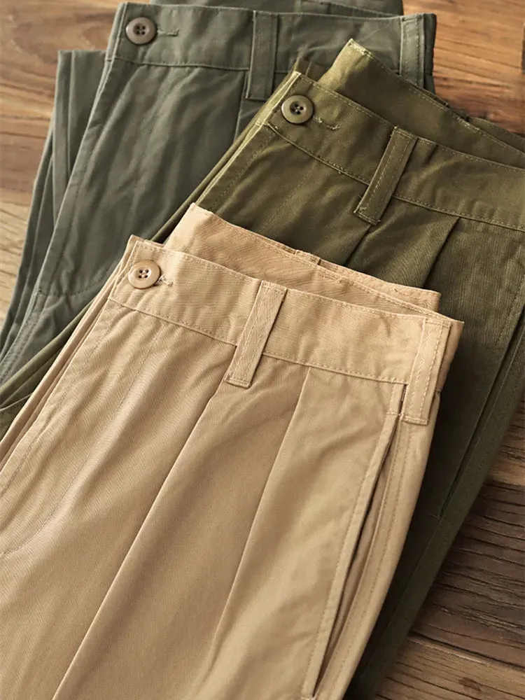 Washed Old Twill Pleat Chino Cargo Pants - Men's Fashion 100% Cotton Casual Straight Trousers