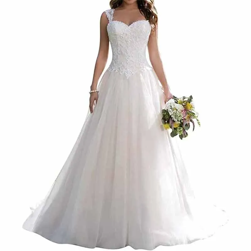 Wedding dresses long women's princess simple bridal fashion A line tulle sweetheart neckline