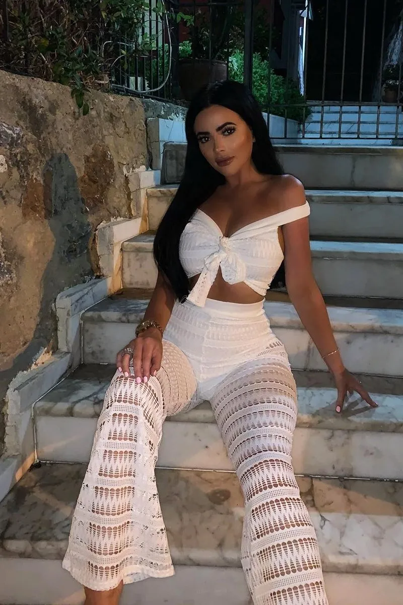 White Crochet Bardot Top Trousers Co-ord - Ulla