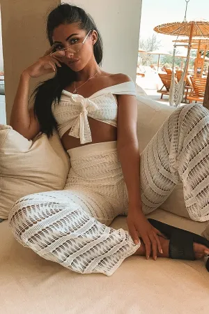 White Crochet Bardot Top Trousers Co-ord - Ulla