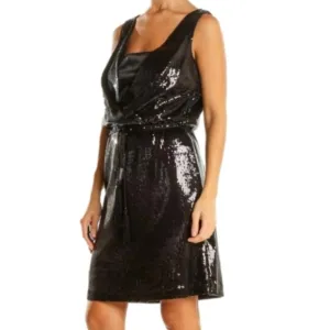 White House Black Market Black Sequined Sleeveless Belted Coctail Party …