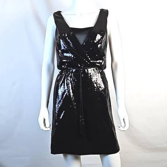 White House Black Market Black Sequined Sleeveless Belted Coctail Party …