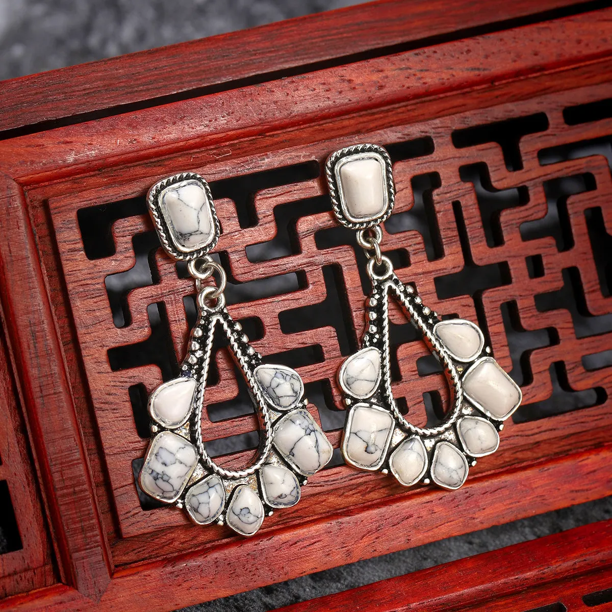 White Marbled Turquoise & Silver-Plated Chandelier Drop Earrings