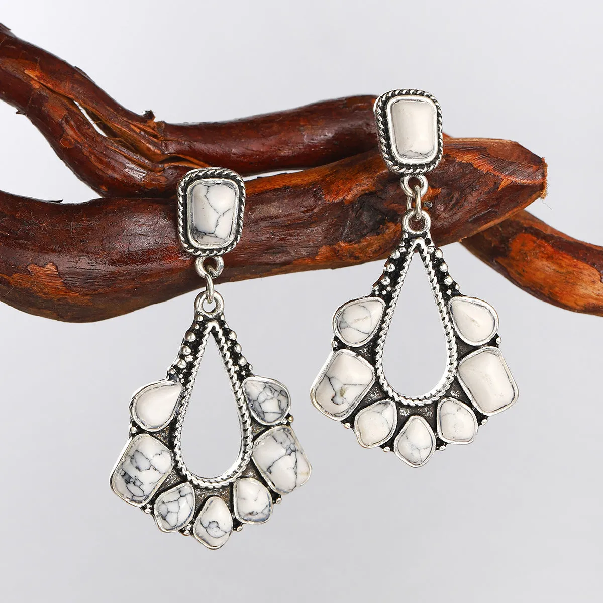 White Marbled Turquoise & Silver-Plated Chandelier Drop Earrings