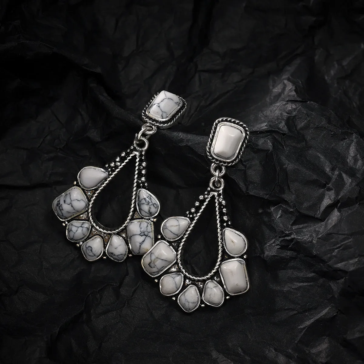 White Marbled Turquoise & Silver-Plated Chandelier Drop Earrings