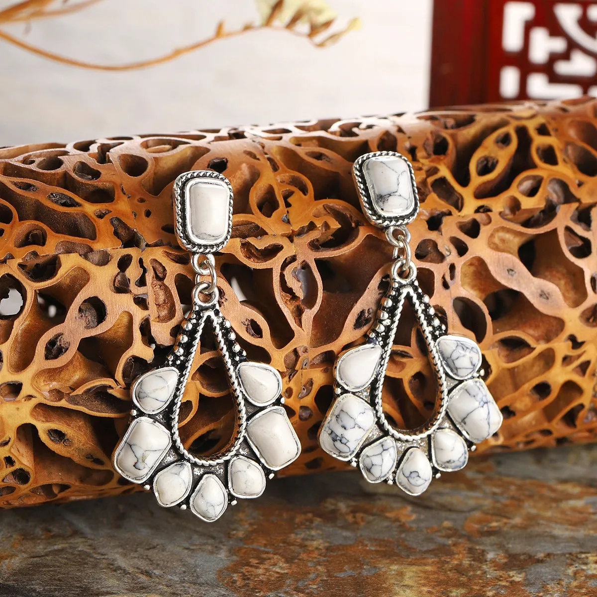 White Marbled Turquoise & Silver-Plated Chandelier Drop Earrings