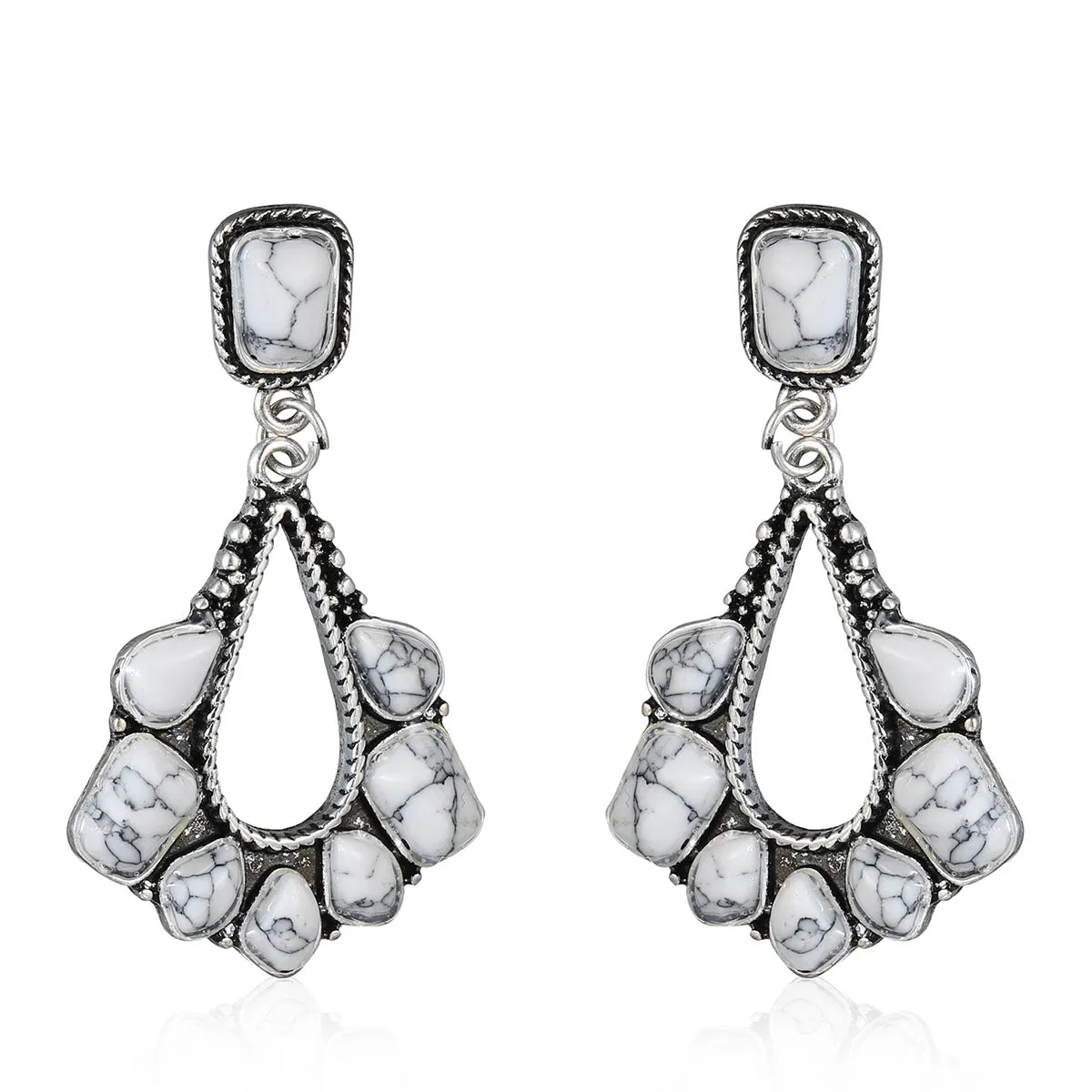 White Marbled Turquoise & Silver-Plated Chandelier Drop Earrings