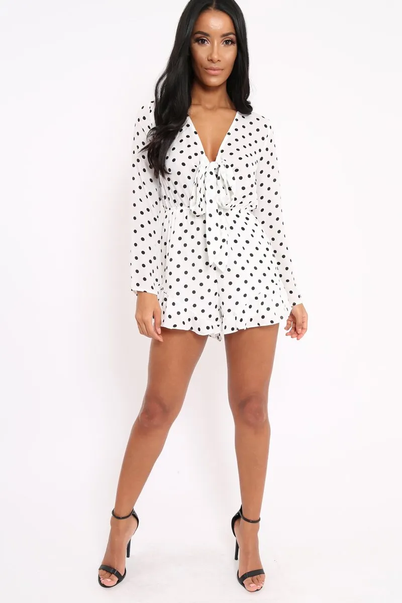 White Polka Dot Tie Front Playsuit - Jem