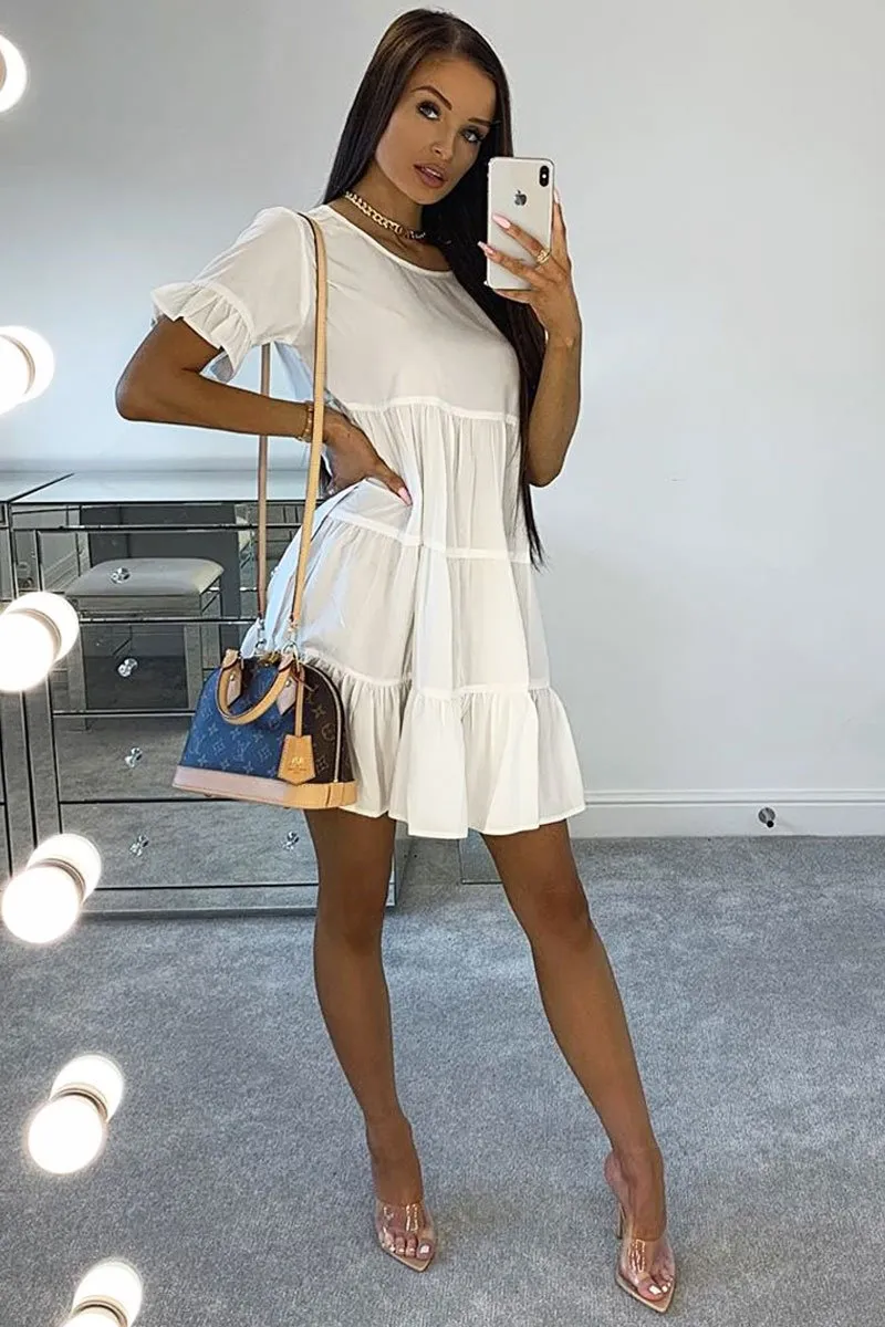 White Smock Tiered Frill Sleeve Mini Dress - Olah