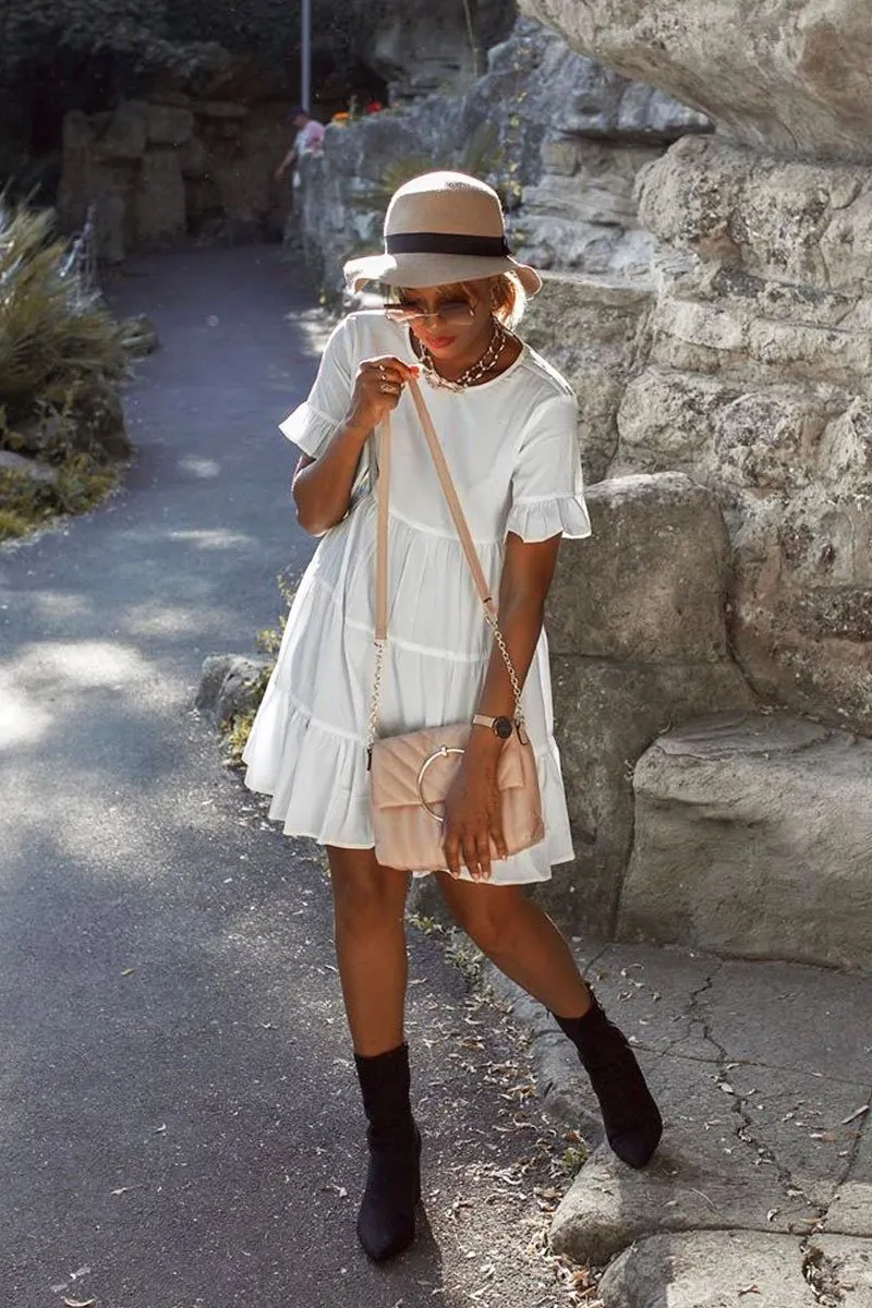 White Smock Tiered Frill Sleeve Mini Dress - Olah
