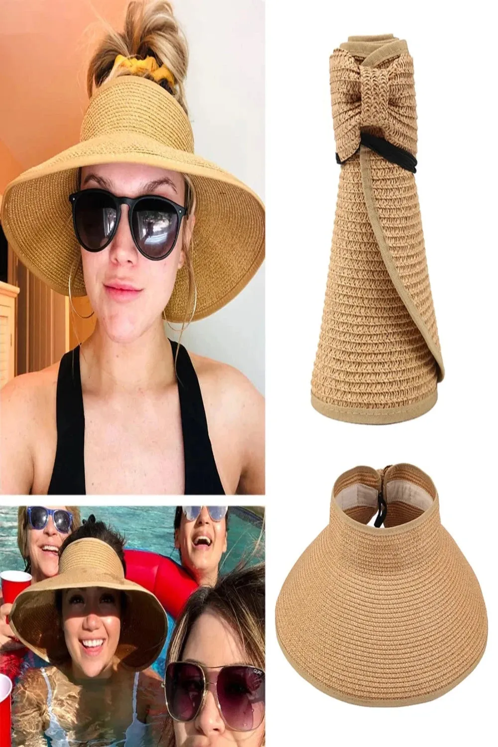 Womens Beach Roll Up Sun Visor Wide Brim Straw Hat