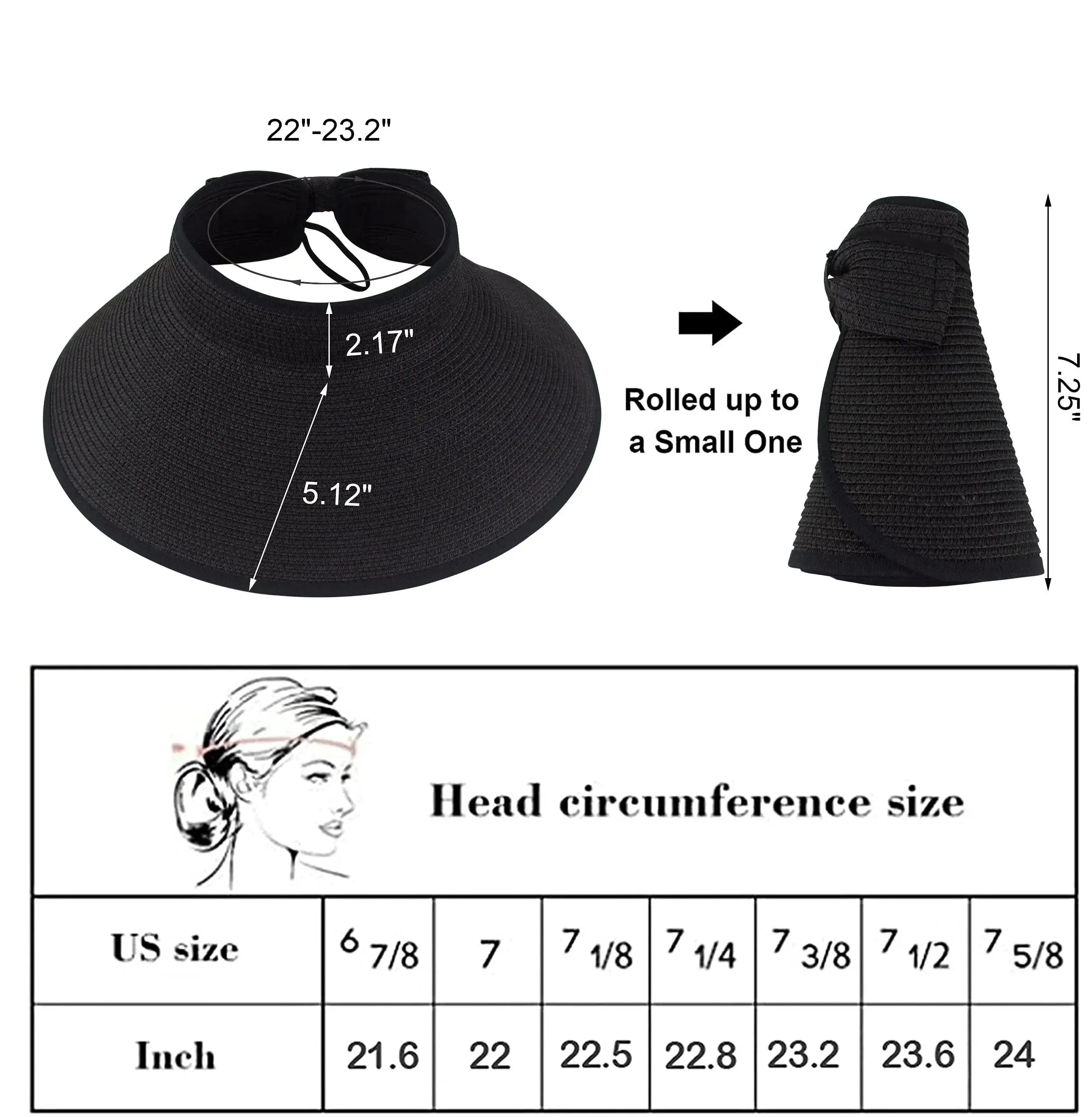 Womens Beach Roll Up Sun Visor Wide Brim Straw Hat