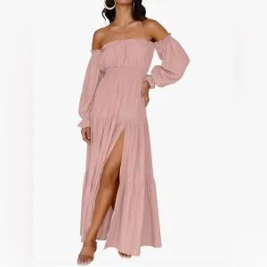 Women's Boho Off Shoulder Long Sleeve Smocked Side Split Flowy Maxi Dress