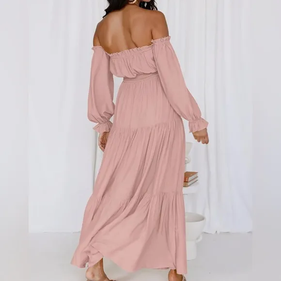 Women's Boho Off Shoulder Long Sleeve Smocked Side Split Flowy Maxi Dress