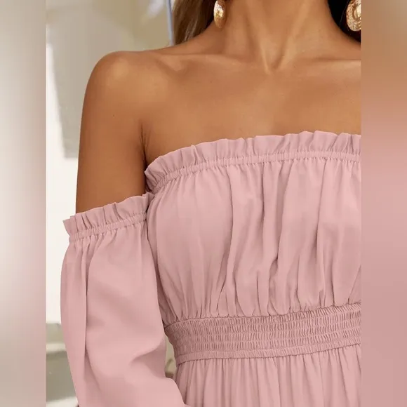 Women's Boho Off Shoulder Long Sleeve Smocked Side Split Flowy Maxi Dress