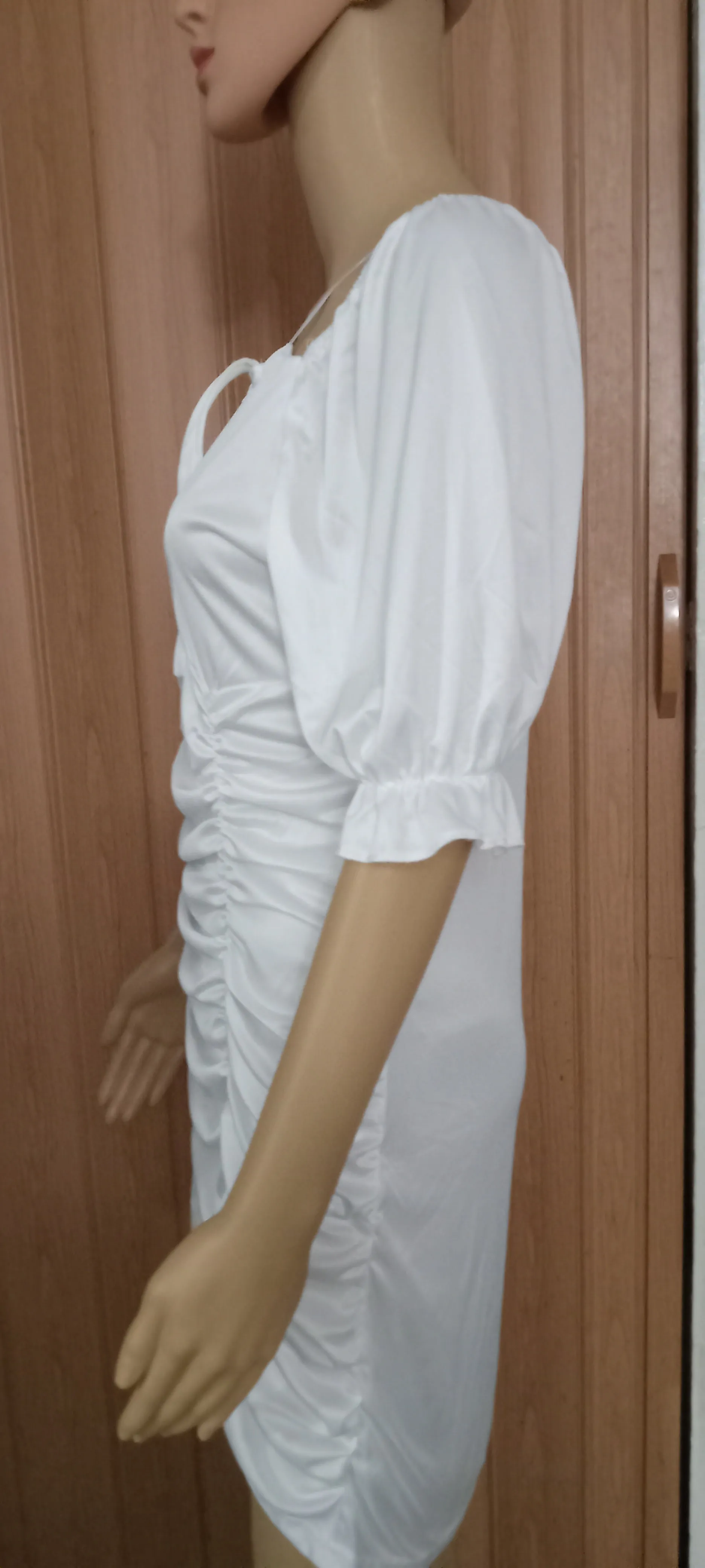 Women's Fashion Puff Sleeve Creased Off-Shoulder Drawstring Tight Dress