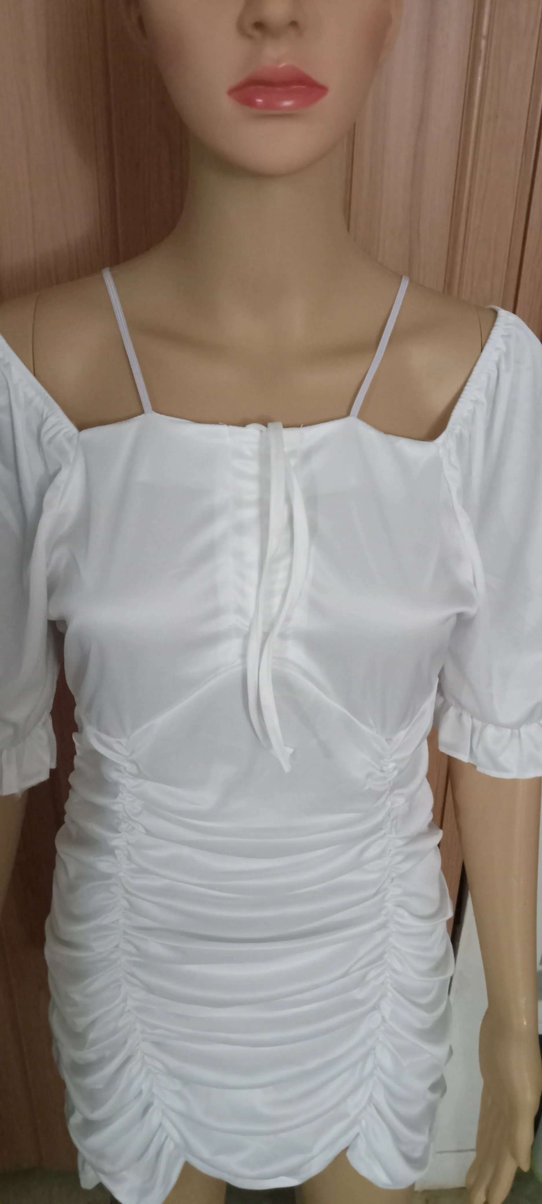 Women's Fashion Puff Sleeve Creased Off-Shoulder Drawstring Tight Dress