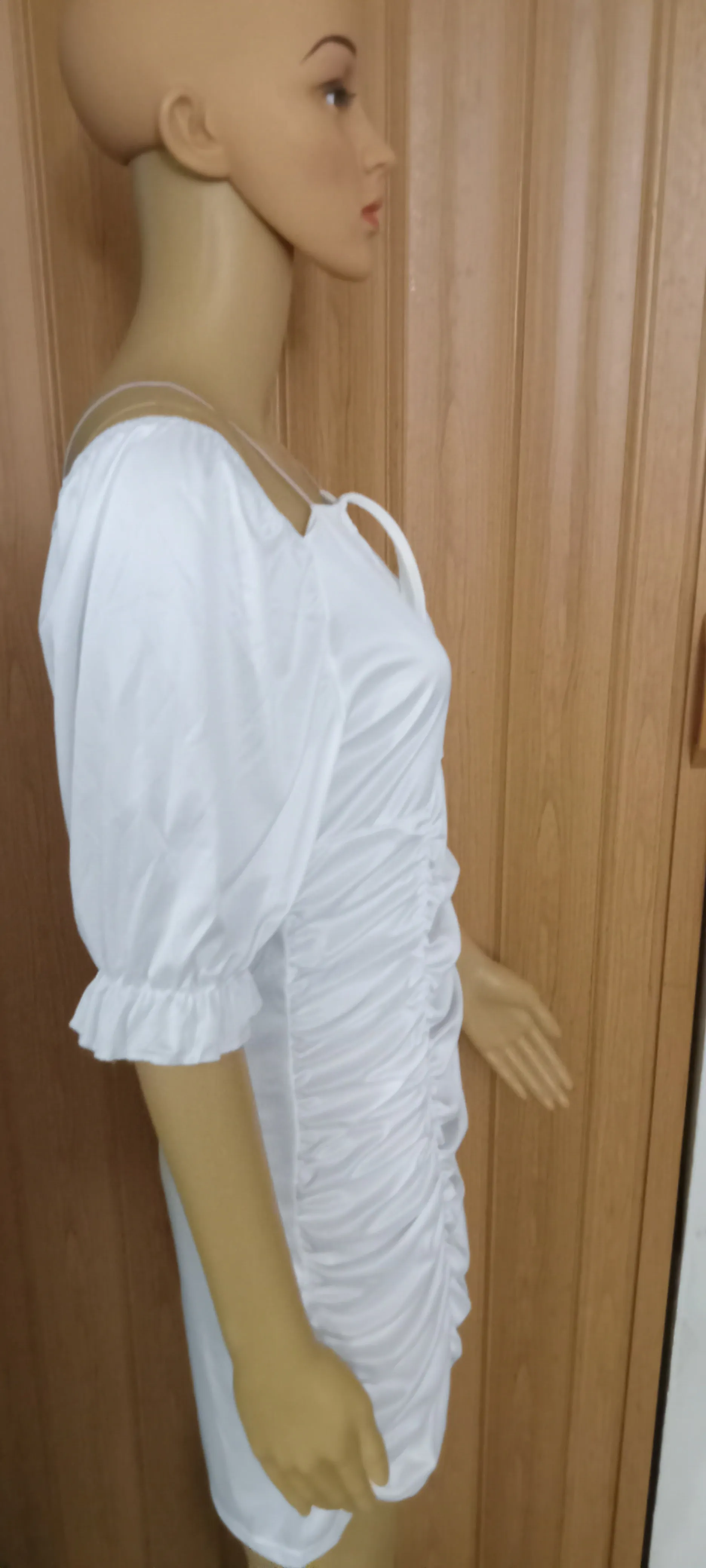 Women's Fashion Puff Sleeve Creased Off-Shoulder Drawstring Tight Dress