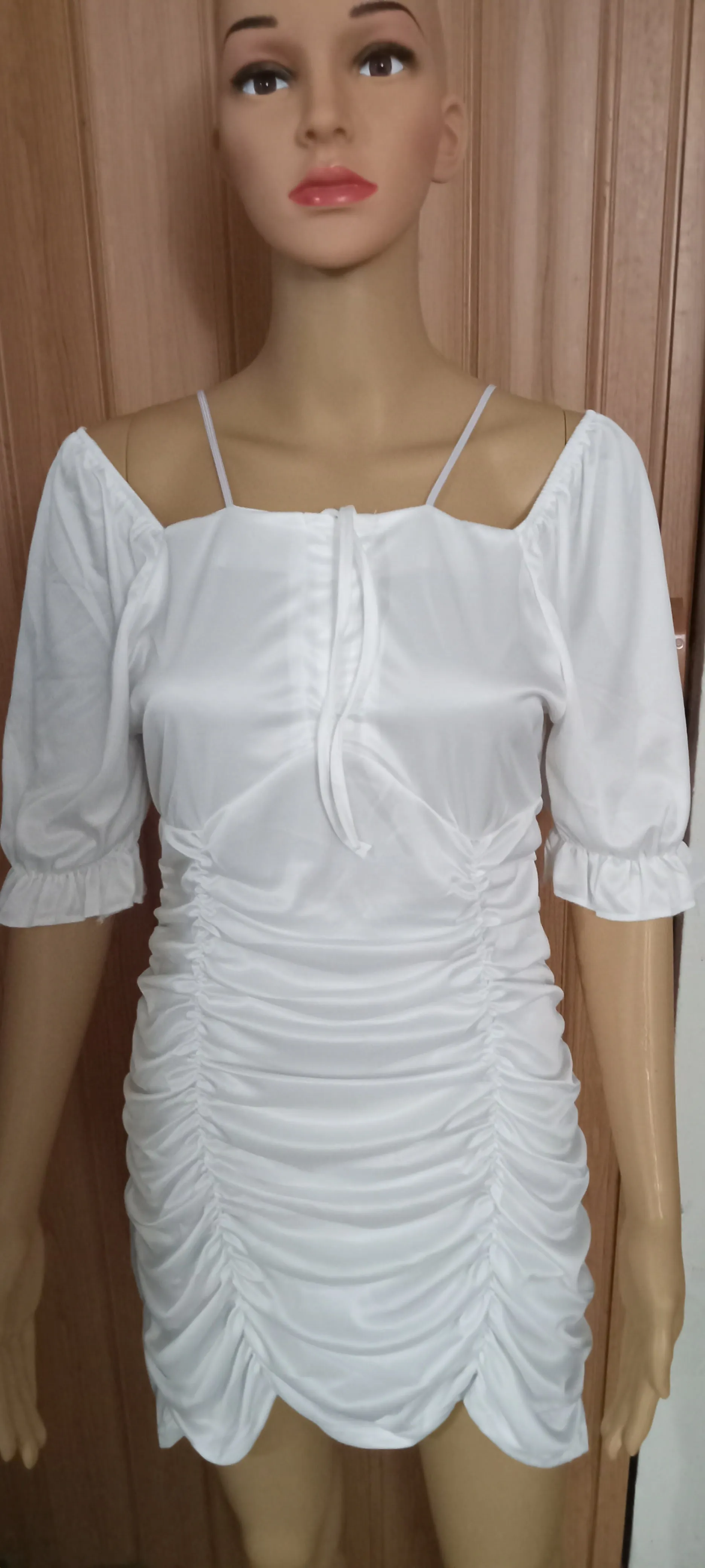 Women's Fashion Puff Sleeve Creased Off-Shoulder Drawstring Tight Dress