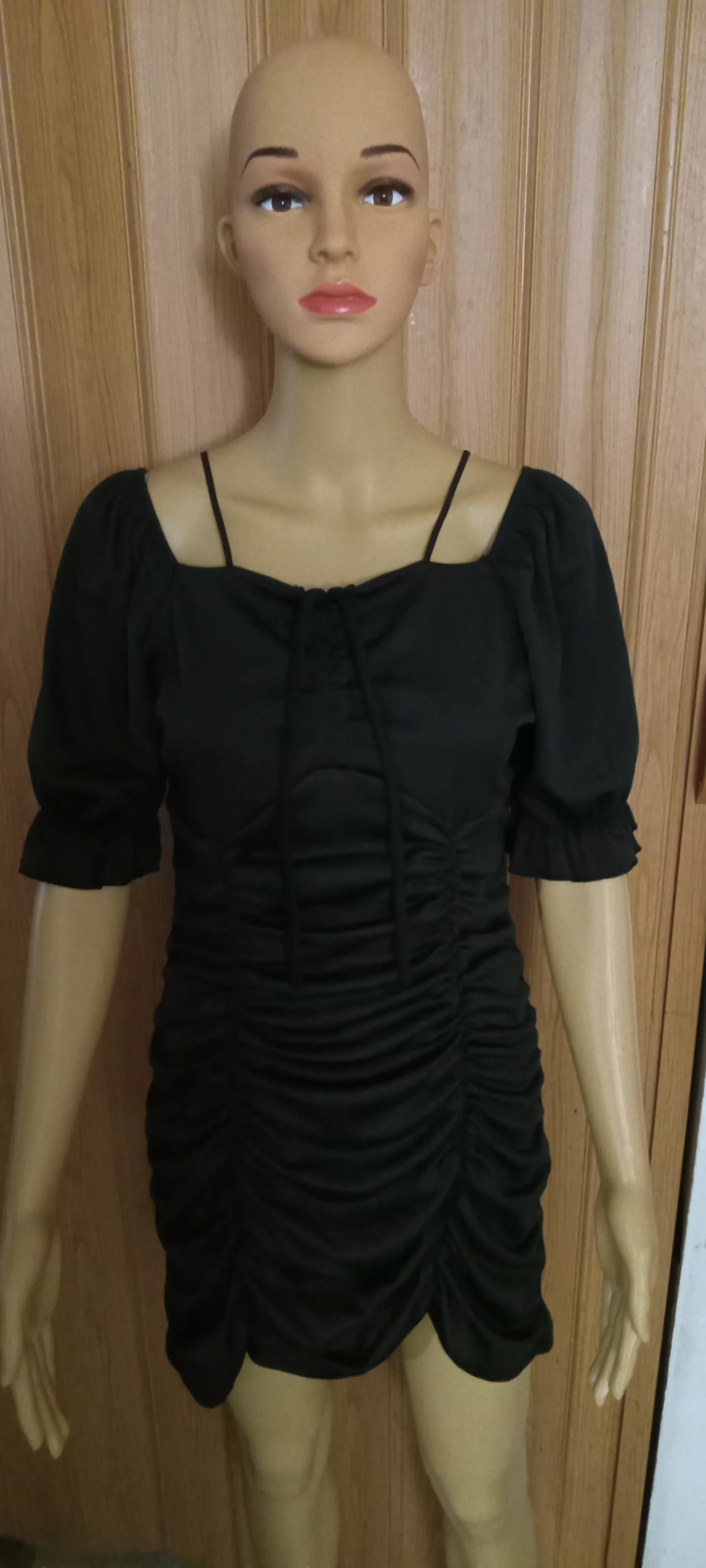 Women's Fashion Puff Sleeve Creased Off-Shoulder Drawstring Tight Dress