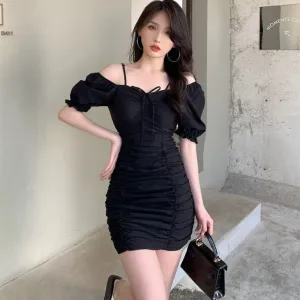 Women's Fashion Puff Sleeve Creased Off-Shoulder Drawstring Tight Dress