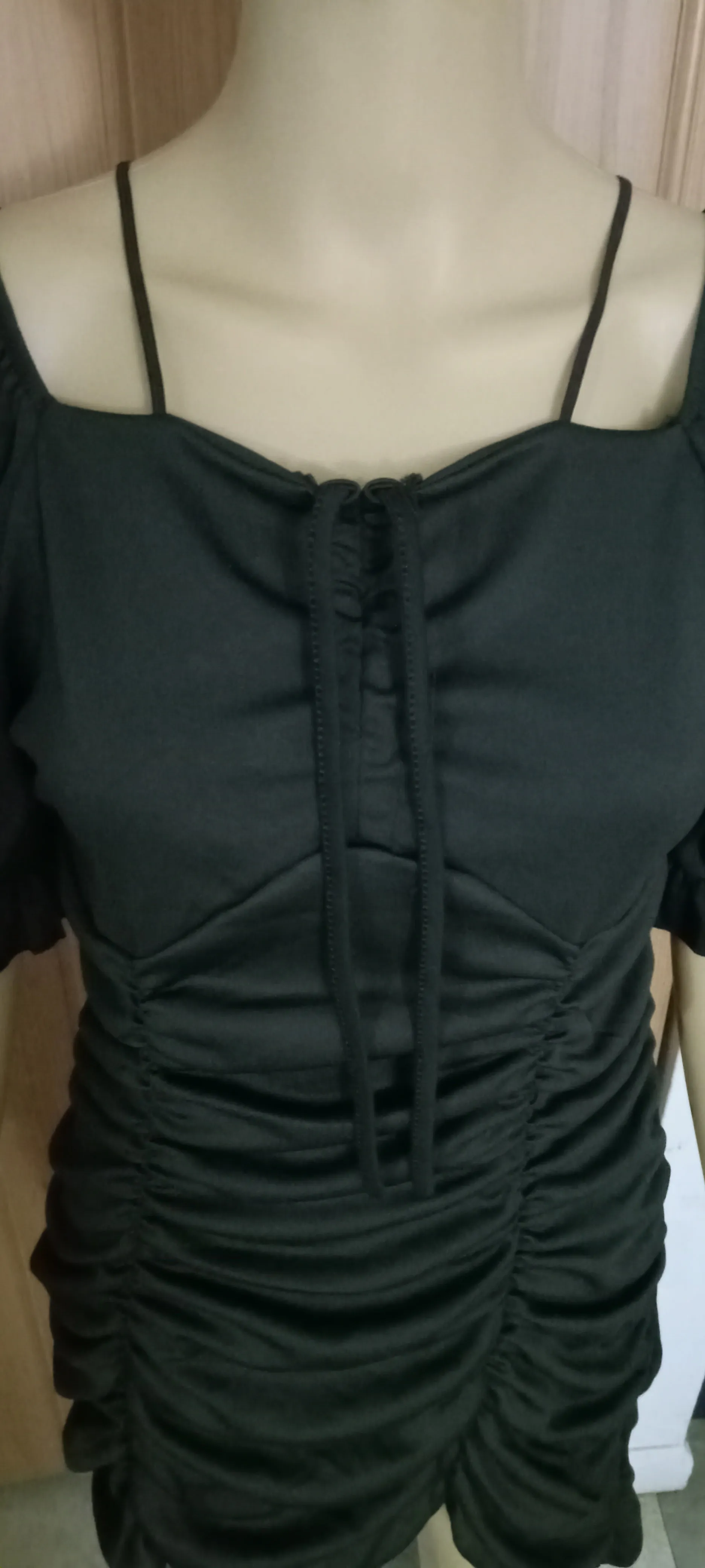 Women's Fashion Puff Sleeve Creased Off-Shoulder Drawstring Tight Dress