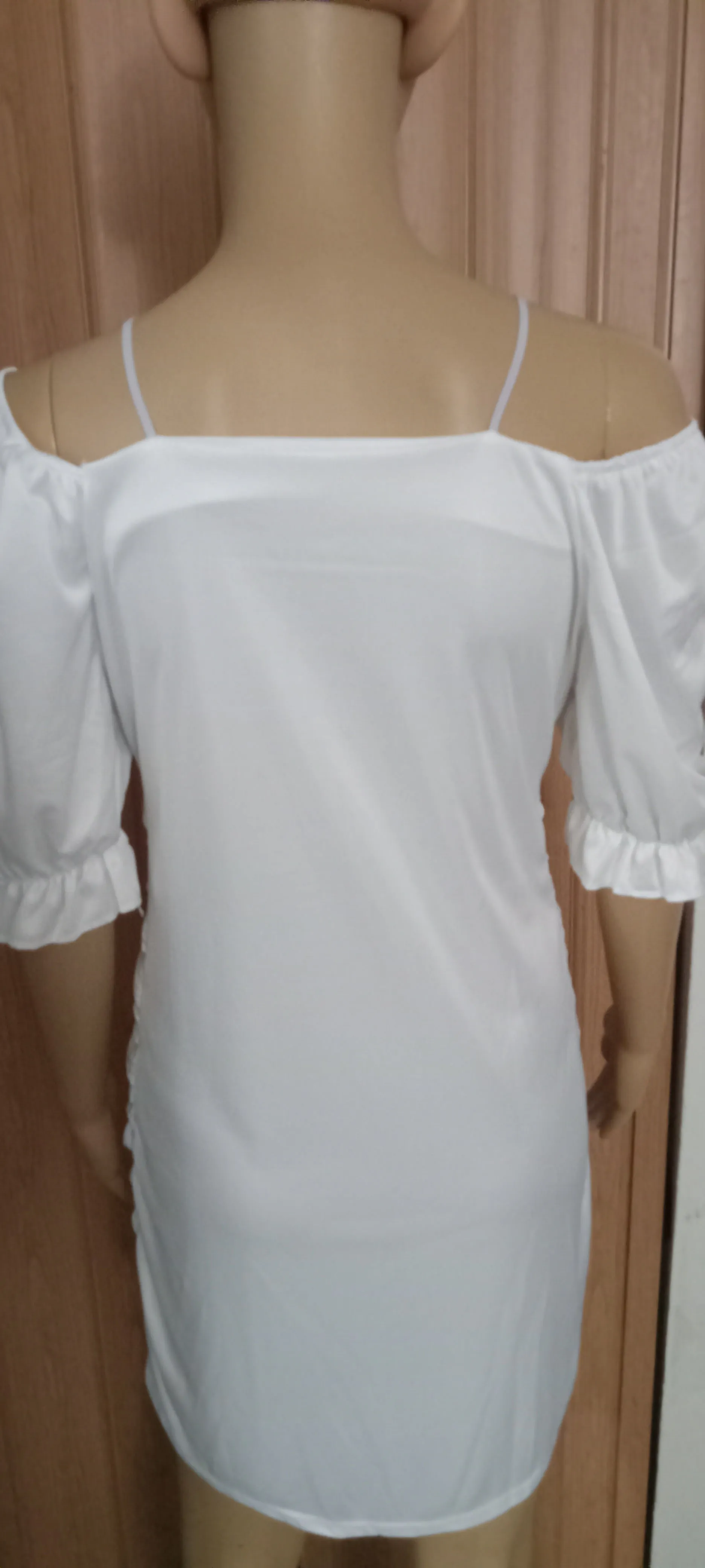 Women's Fashion Puff Sleeve Creased Off-Shoulder Drawstring Tight Dress