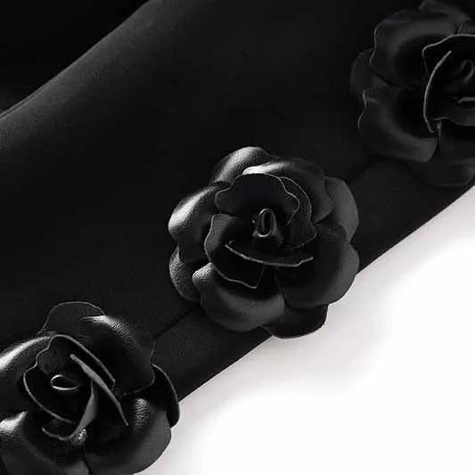 Women's Flower Embroidered Single Button Black Pantsuit