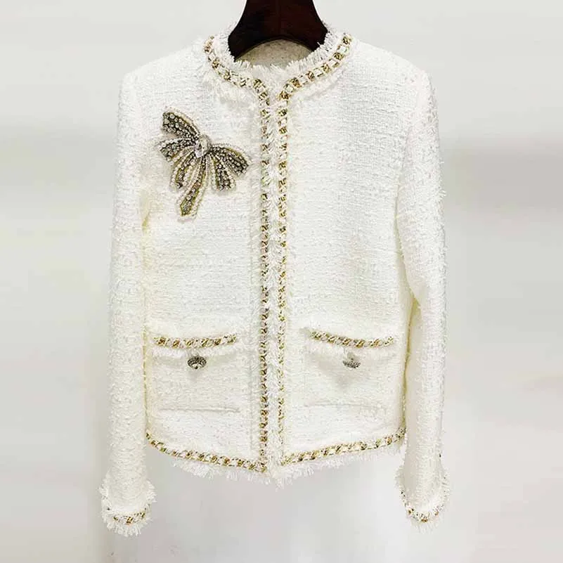 Women's Golden Diamonds Buttons White Tweed Jacket Coat Formal Jacket