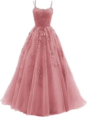 Women's Lace Appliques Prom Dresses Long Spaghetti Strap Ball Gowns Tulle Formal Dress for Party